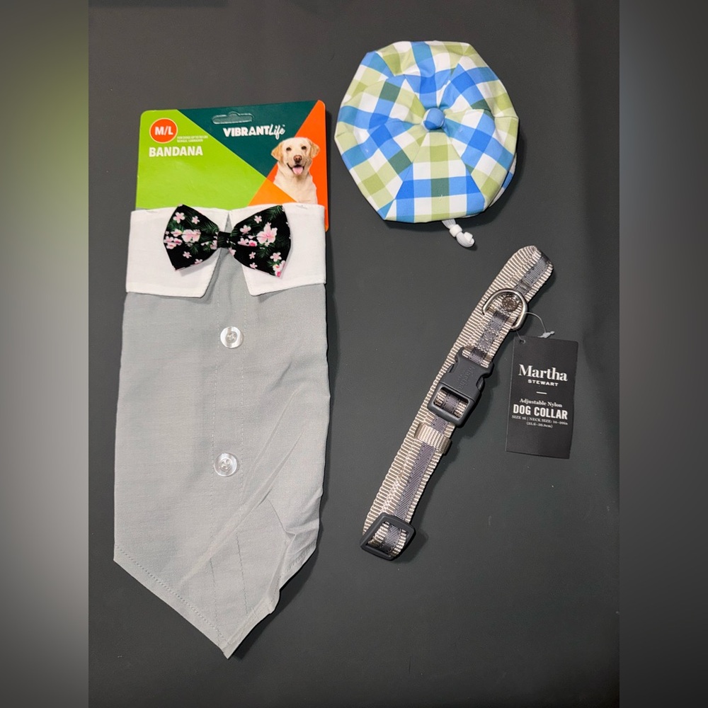 M/L Dog Bundle - Bandana W/Floral Bow Tie, PaperBoy Hat & Martha Stewart Collar
